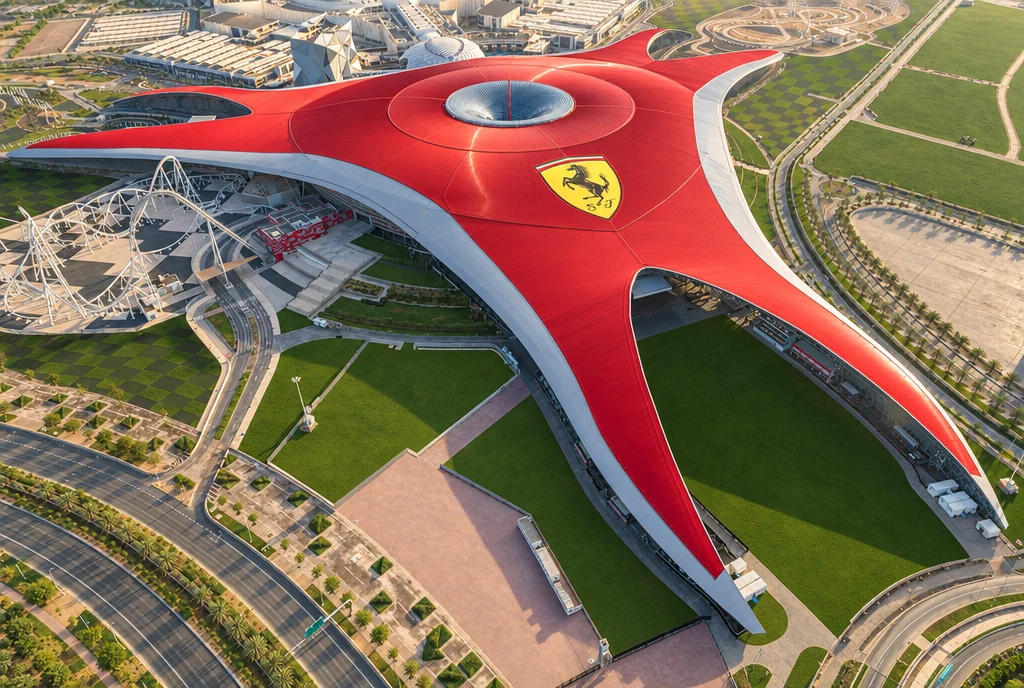Красная крыша Ferrari World на Ясе с центральным проёмом и аттракционами рядом
