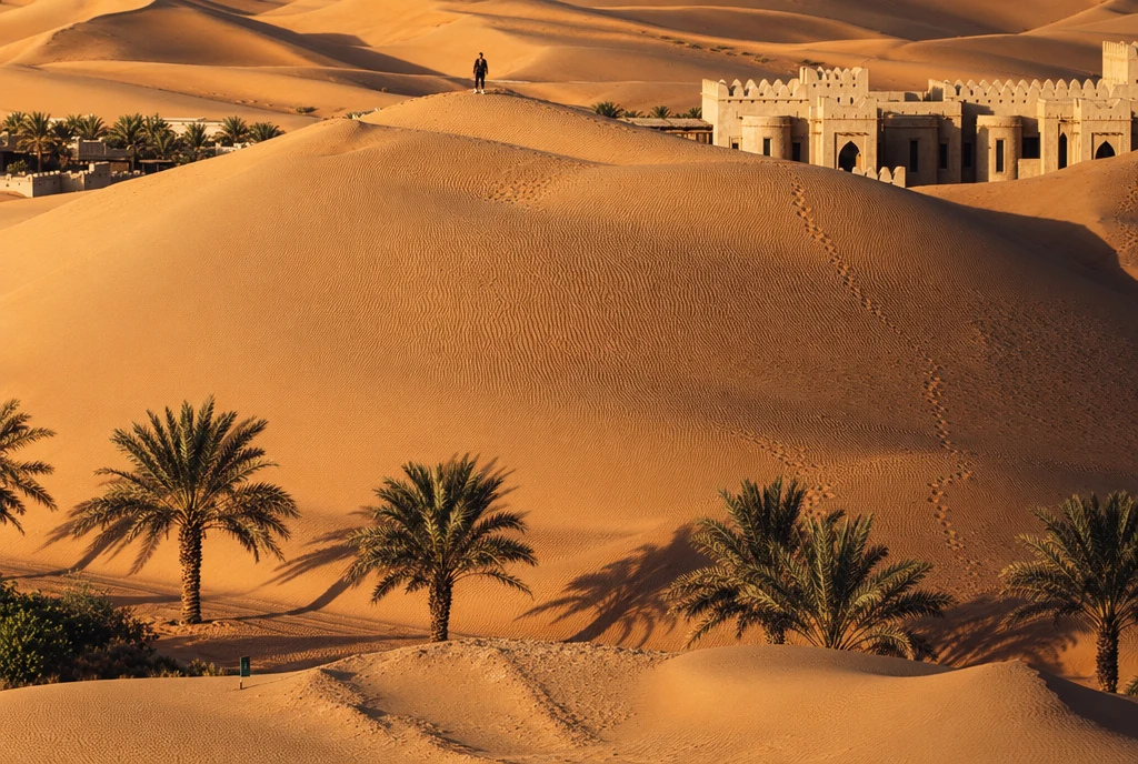 Песчаные дюны рядом с Qasr Al Sarab, пальмы и песочные фасады курорта