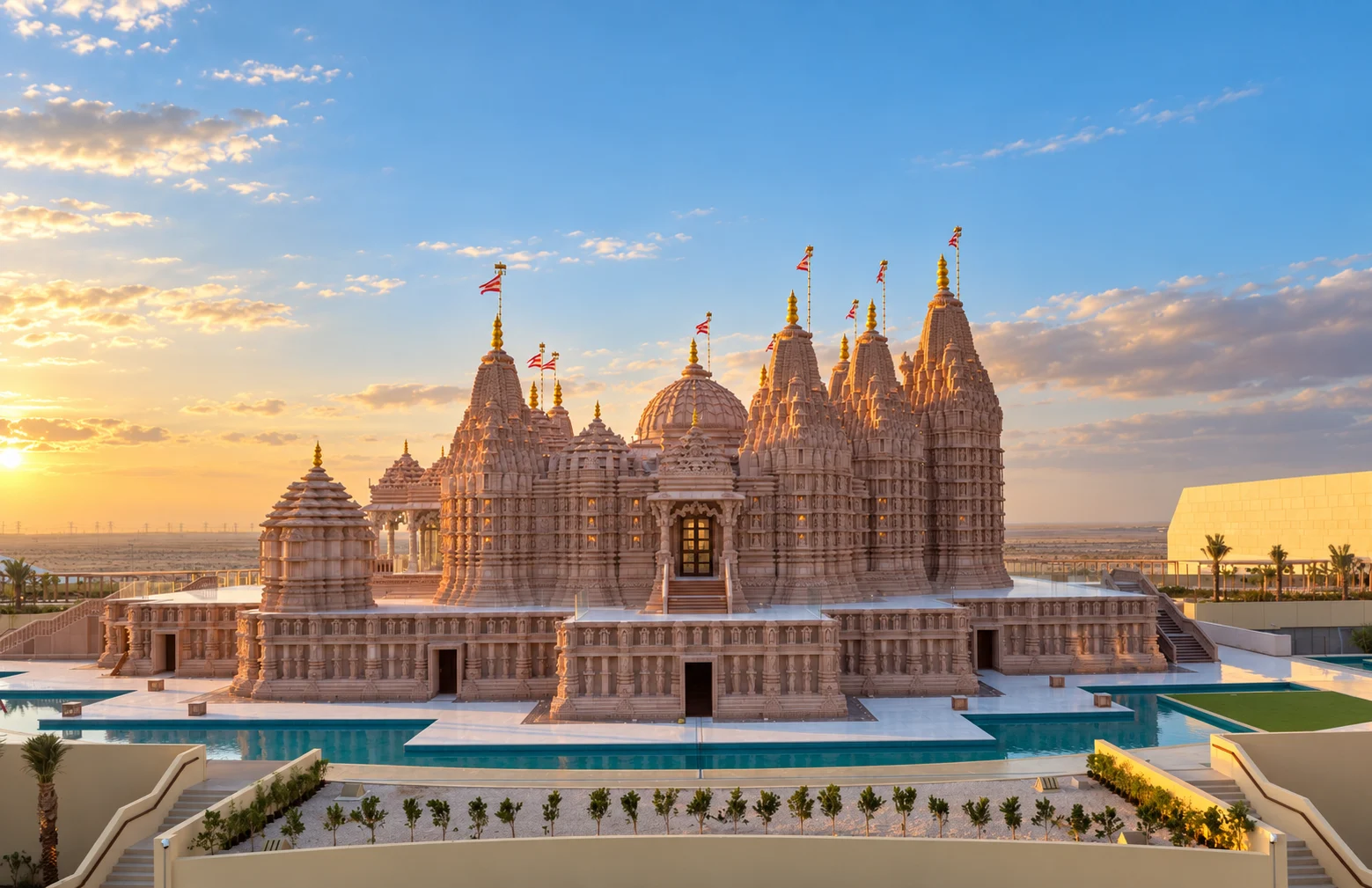 Резные шпили и купол BAPS Hindu Mandir в Абу-Мурайхе