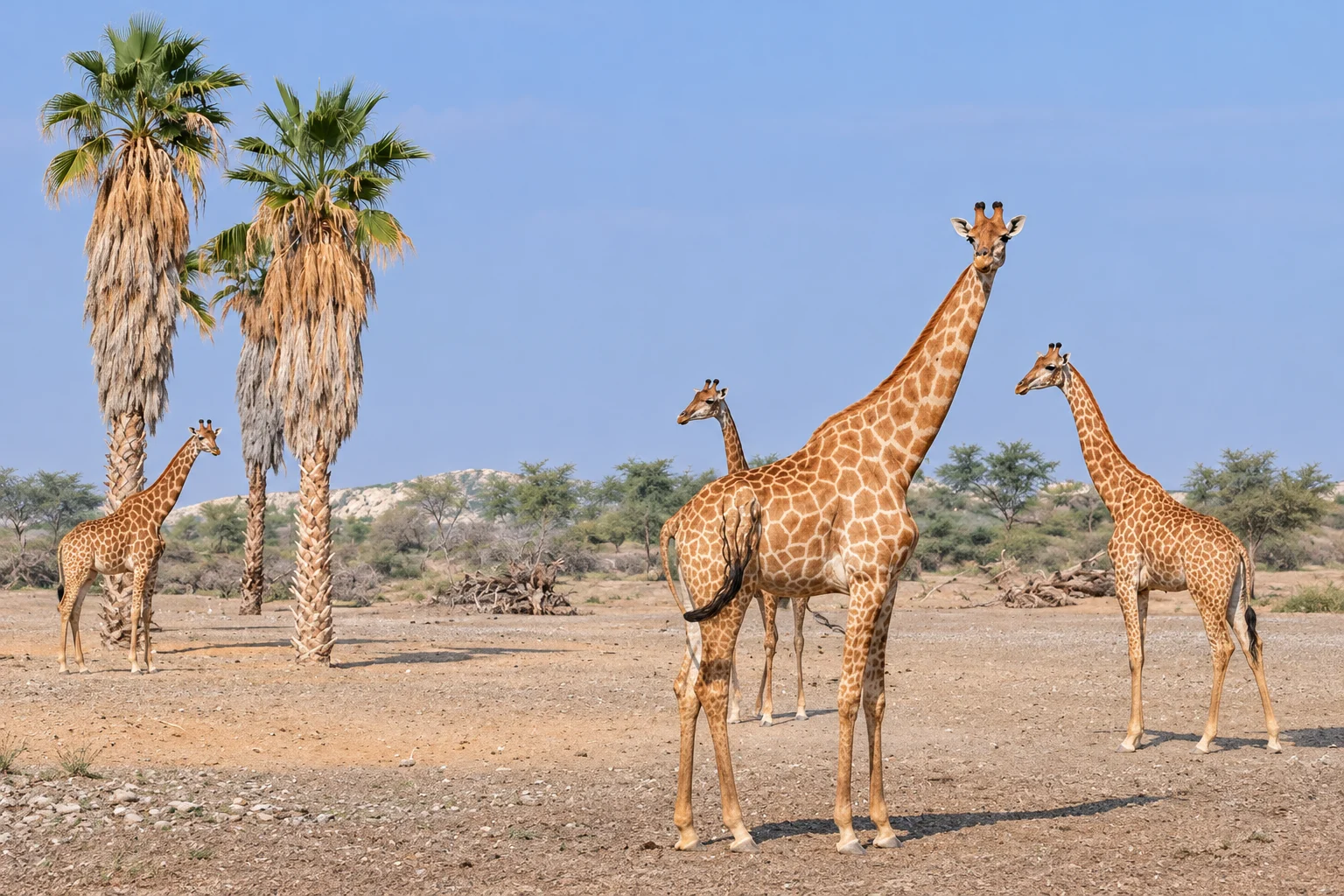 Четыре жирафа среди пальм в Sharjah Safari