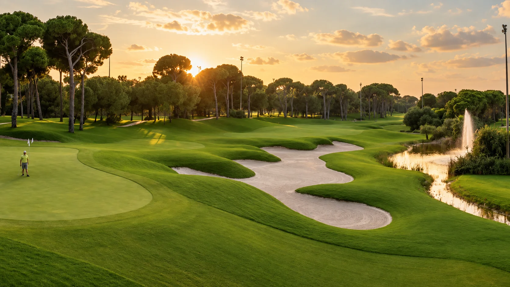 Зелёные фервеи и песчаные бункеры 18-й лунки Montgomerie Maxx Royal среди сосен