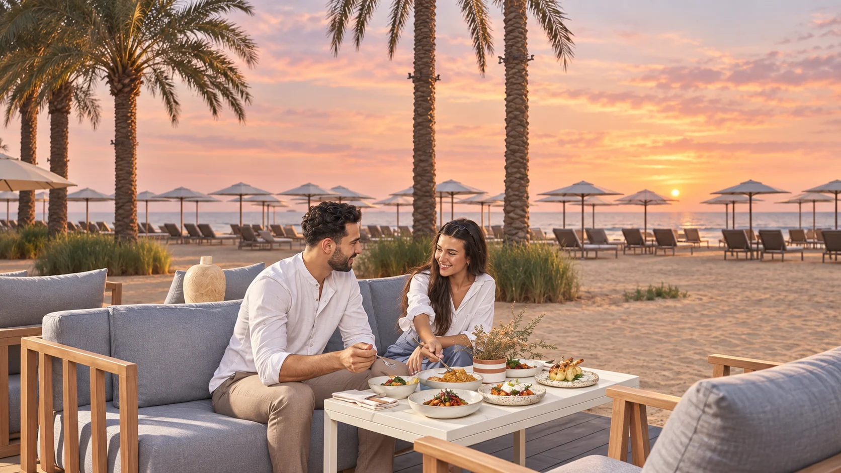 Стол на открытой террасе AMWA у пляжа Palace Beach Resort Fujairah