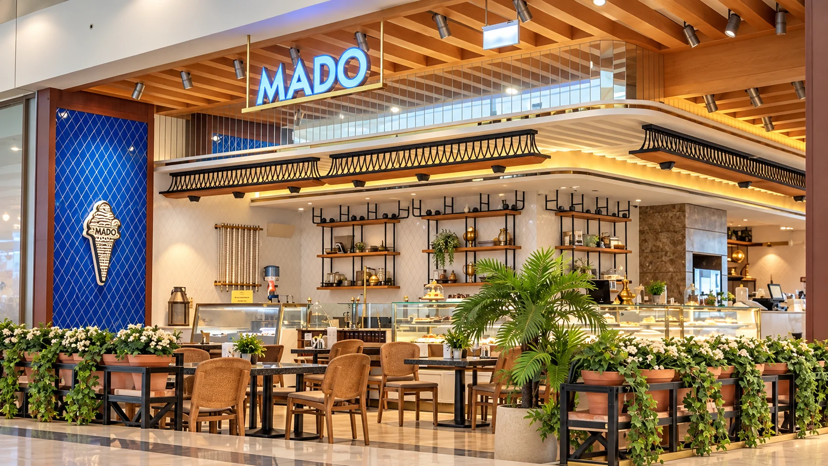 Открытый зал MADO с синим знаком, витринами и столиками в Fujairah City Centre