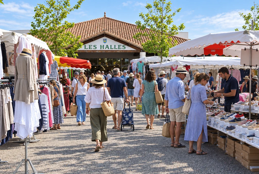 Покупатели между торговыми рядами перед входом в Les Halles