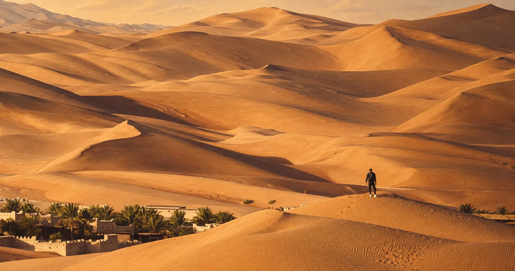 Человек на песчаном гребне над низкими корпусами Qasr Al Sarab и дюнами Ливы
