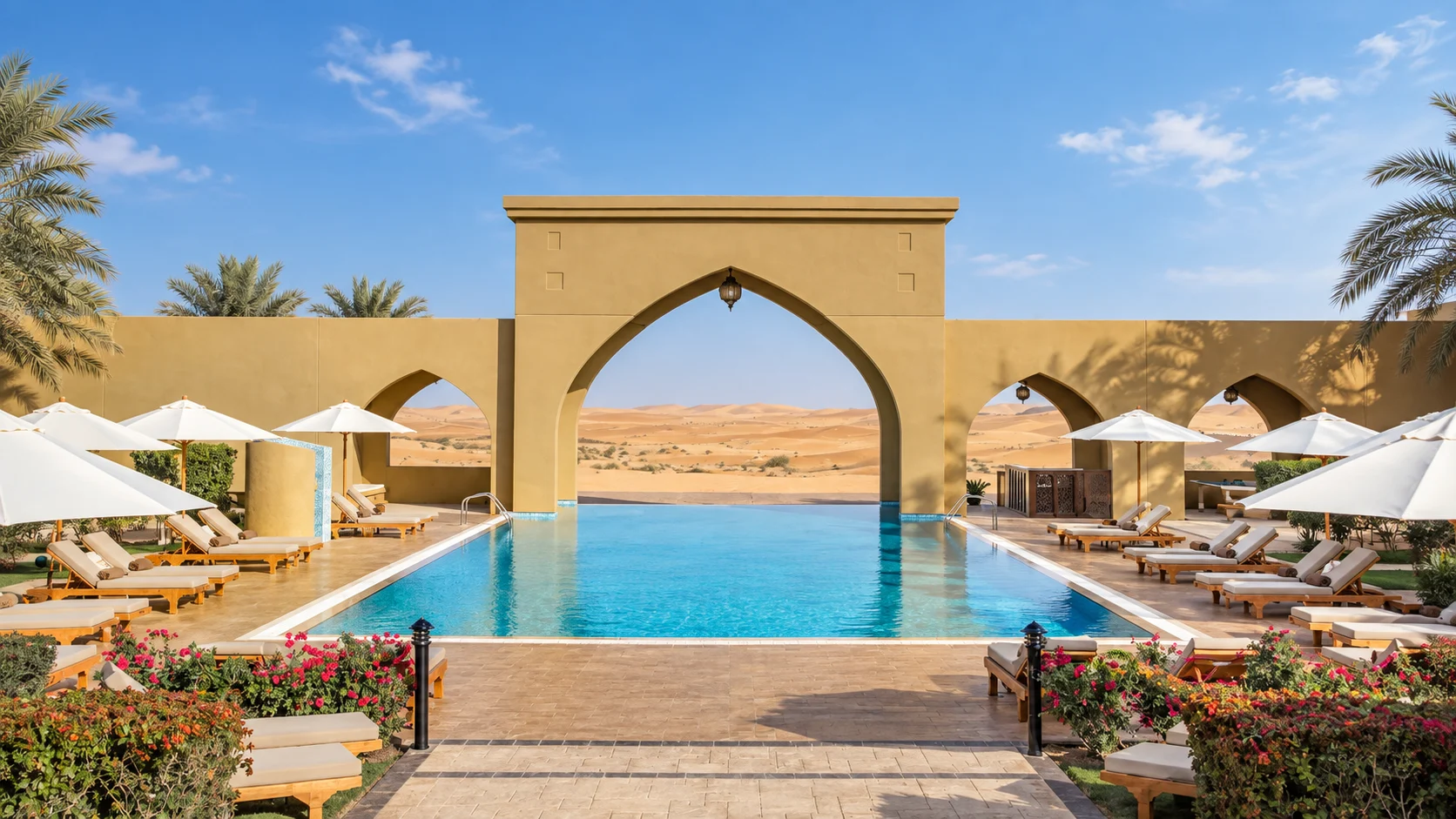 Бассейн Aldhafra Resort с аркой и видом на пустыню
