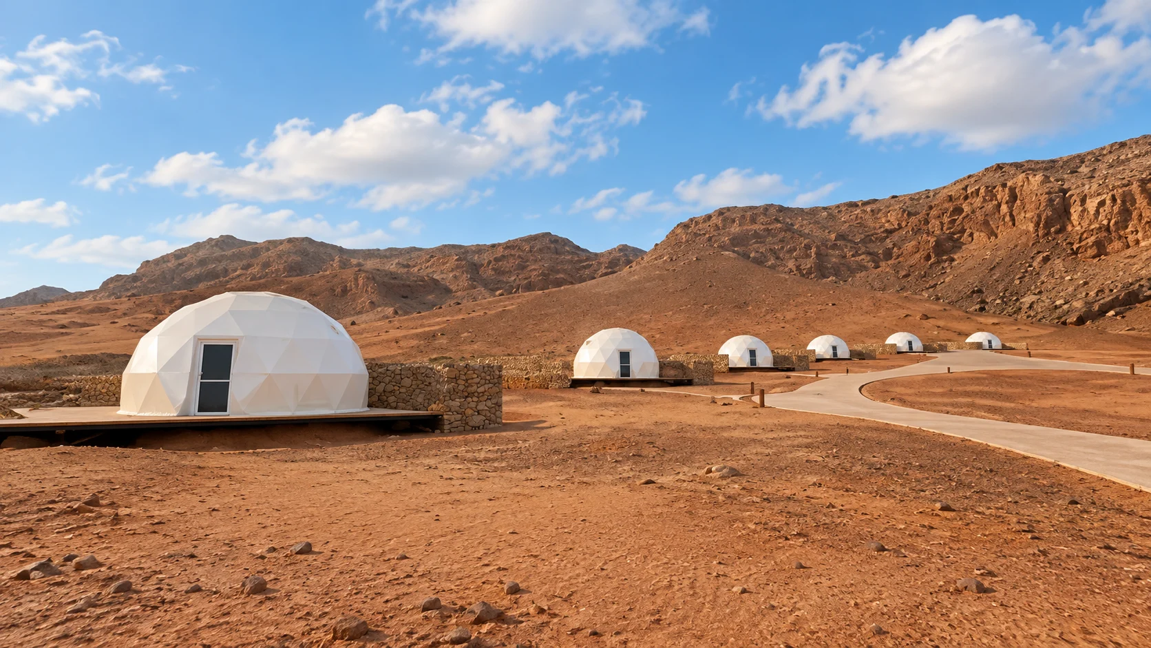 Белые купола Moon Retreat у скалистого хребта в Млейхе