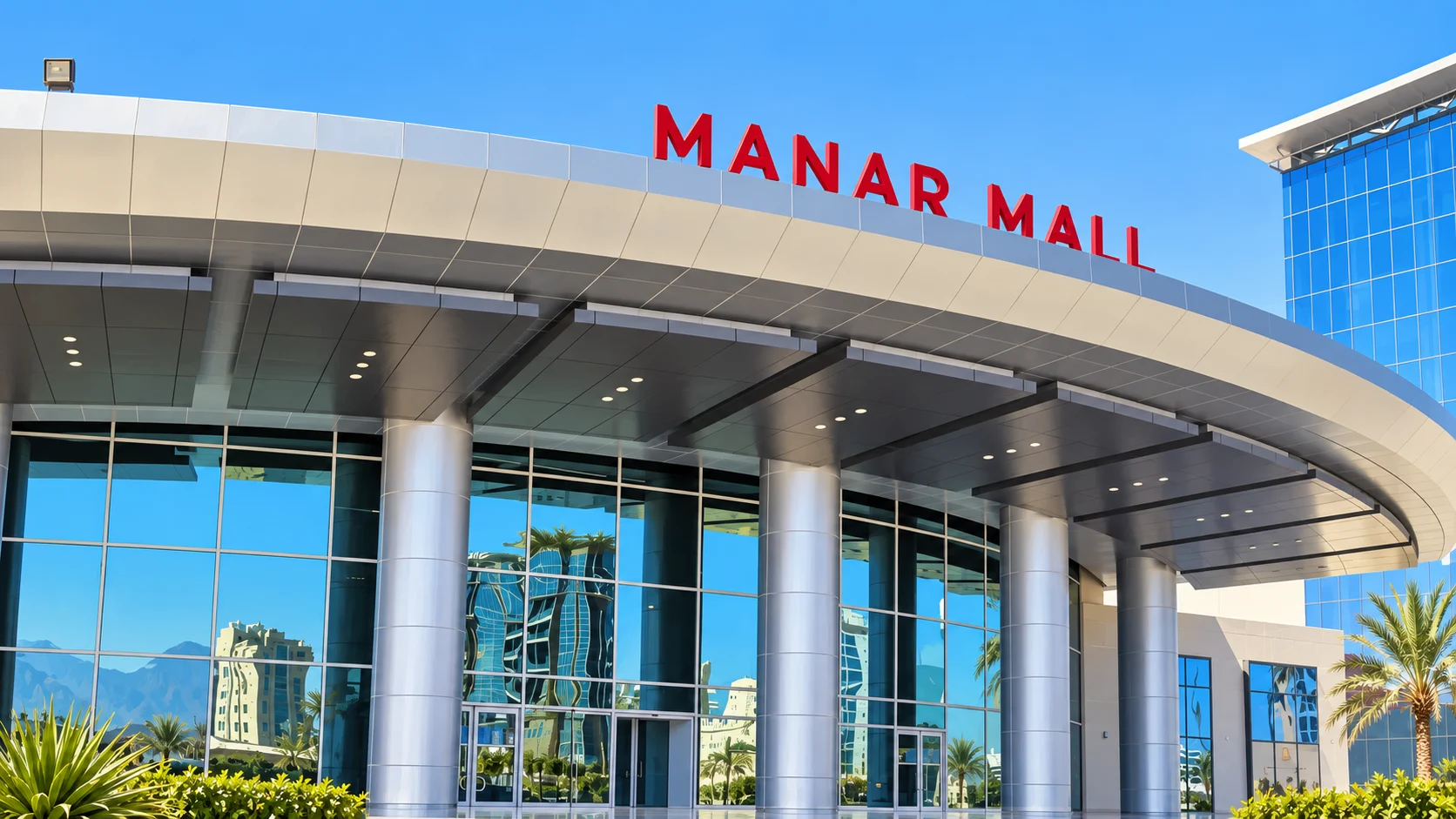 Изогнутый навес и стеклянный вход Manar Mall в Рас-эль-Хайме
