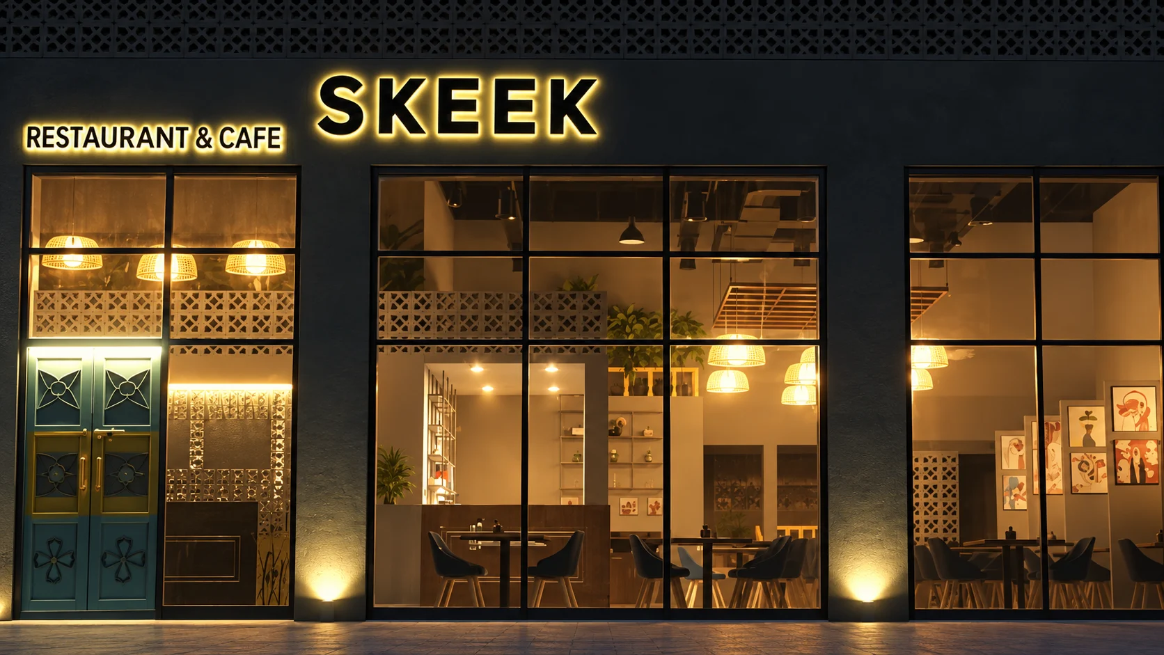 Вечерний фасад Skeek Restaurant & Café с тёплой подсветкой окон