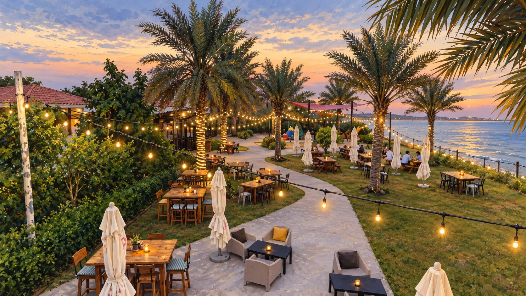 Вечерняя дорожка между столами и пальмами у воды в Barracuda Beach Resort