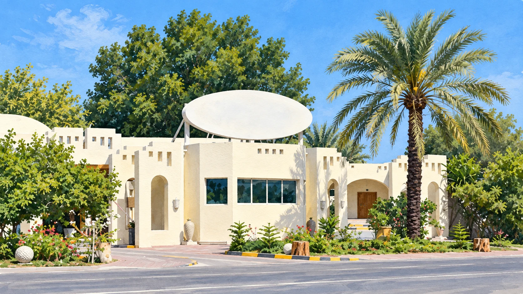 Белый арочный вход в Umm Al Quwain Beach Hotel у дороги