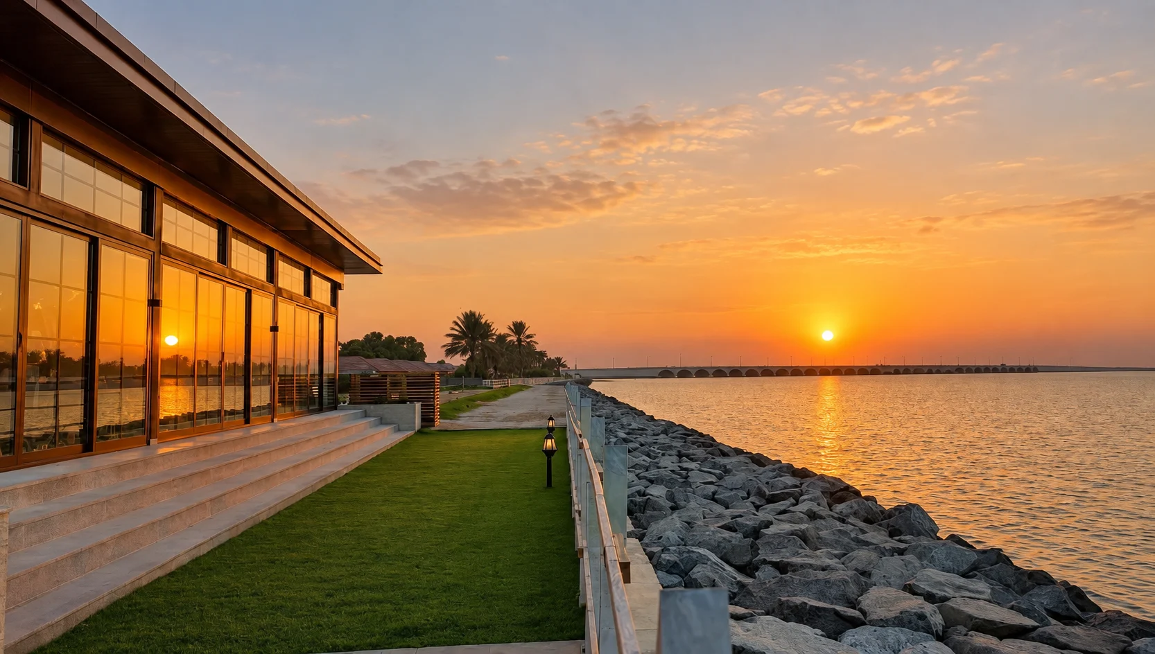 Закат у стеклянного фасада Backwaters и каменистого берега лагуны