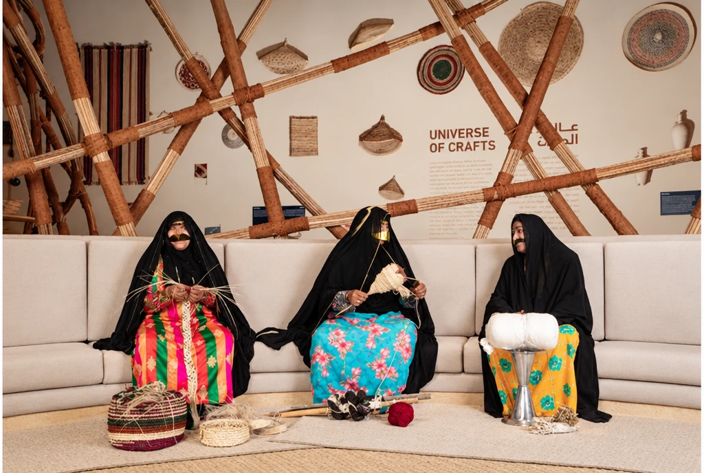 Три мастерицы House of Artisans за работой с нитями и плетением