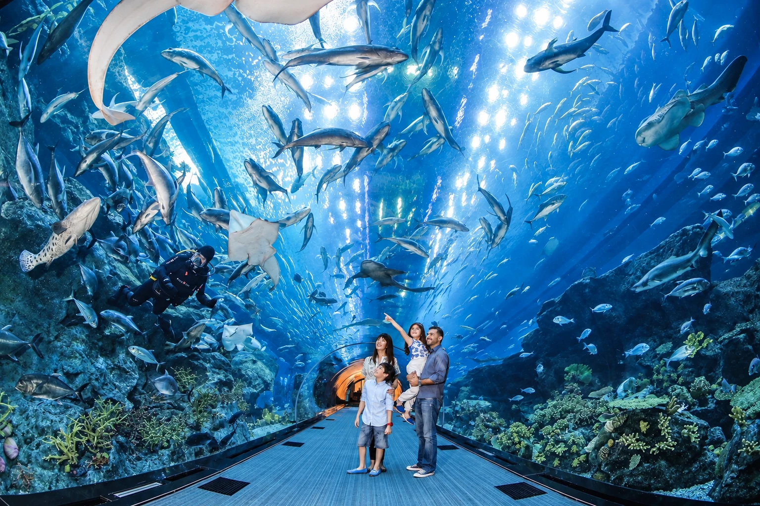 Семья смотрит на рыб и скатов над прозрачным тоннелем Dubai Aquarium