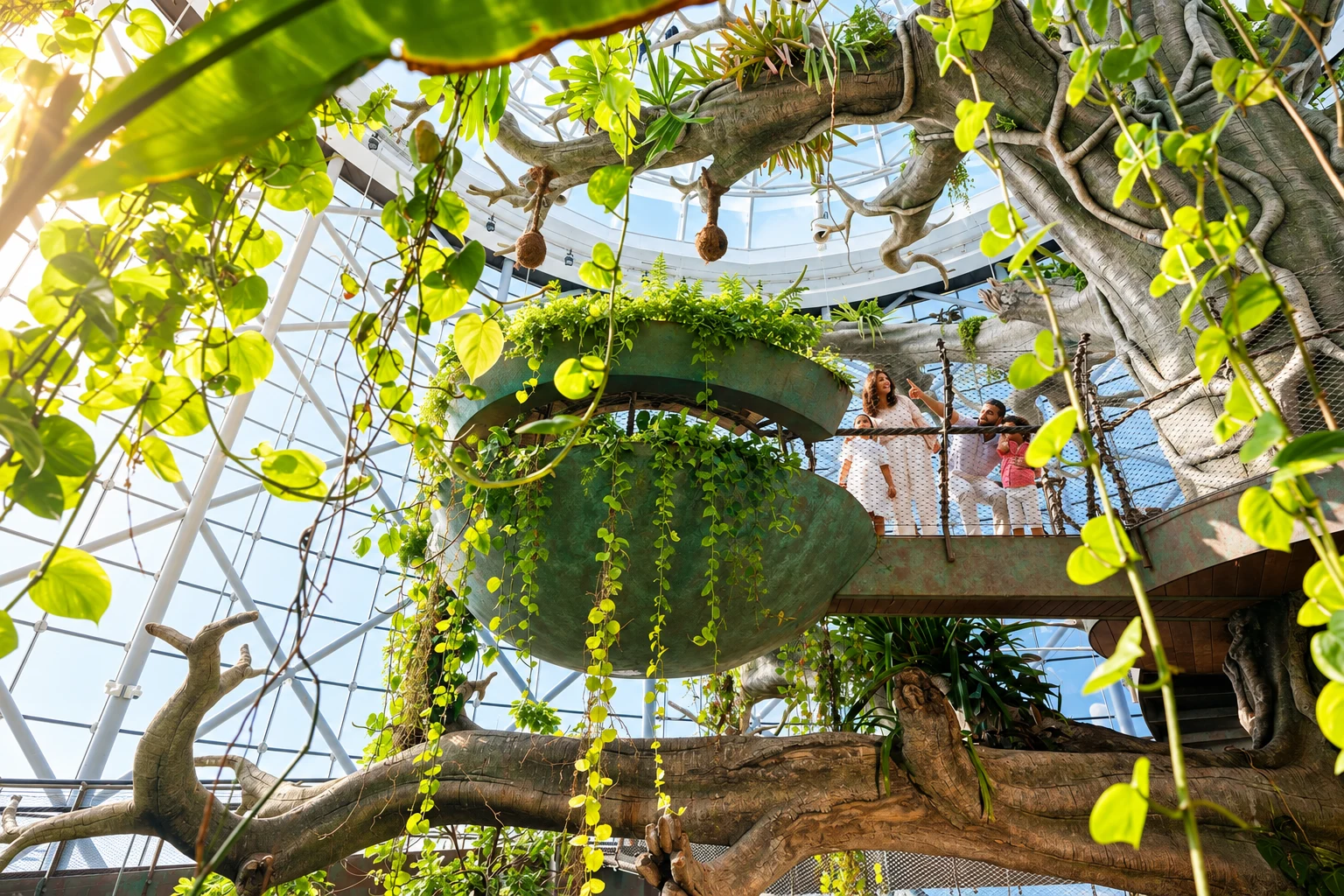 Семья на мостике под стеклянным куполом The Green Planet среди ветвей и подвесных растений