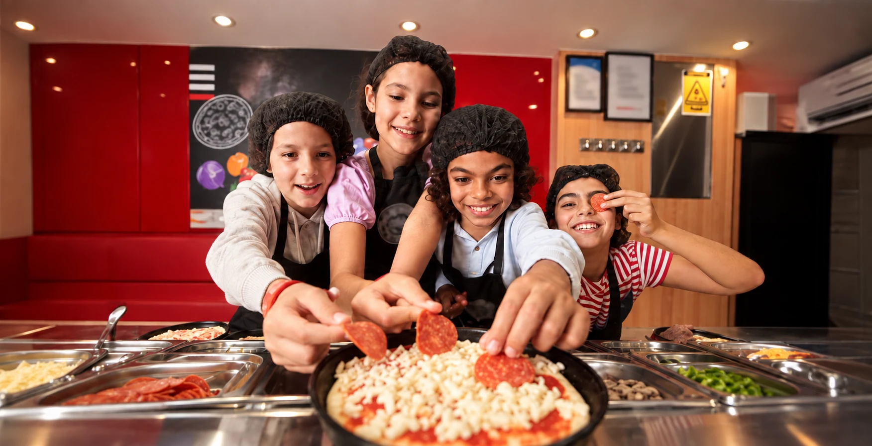 Дети добавляют начинку на пиццу на игровой кухне KidZania Dubai