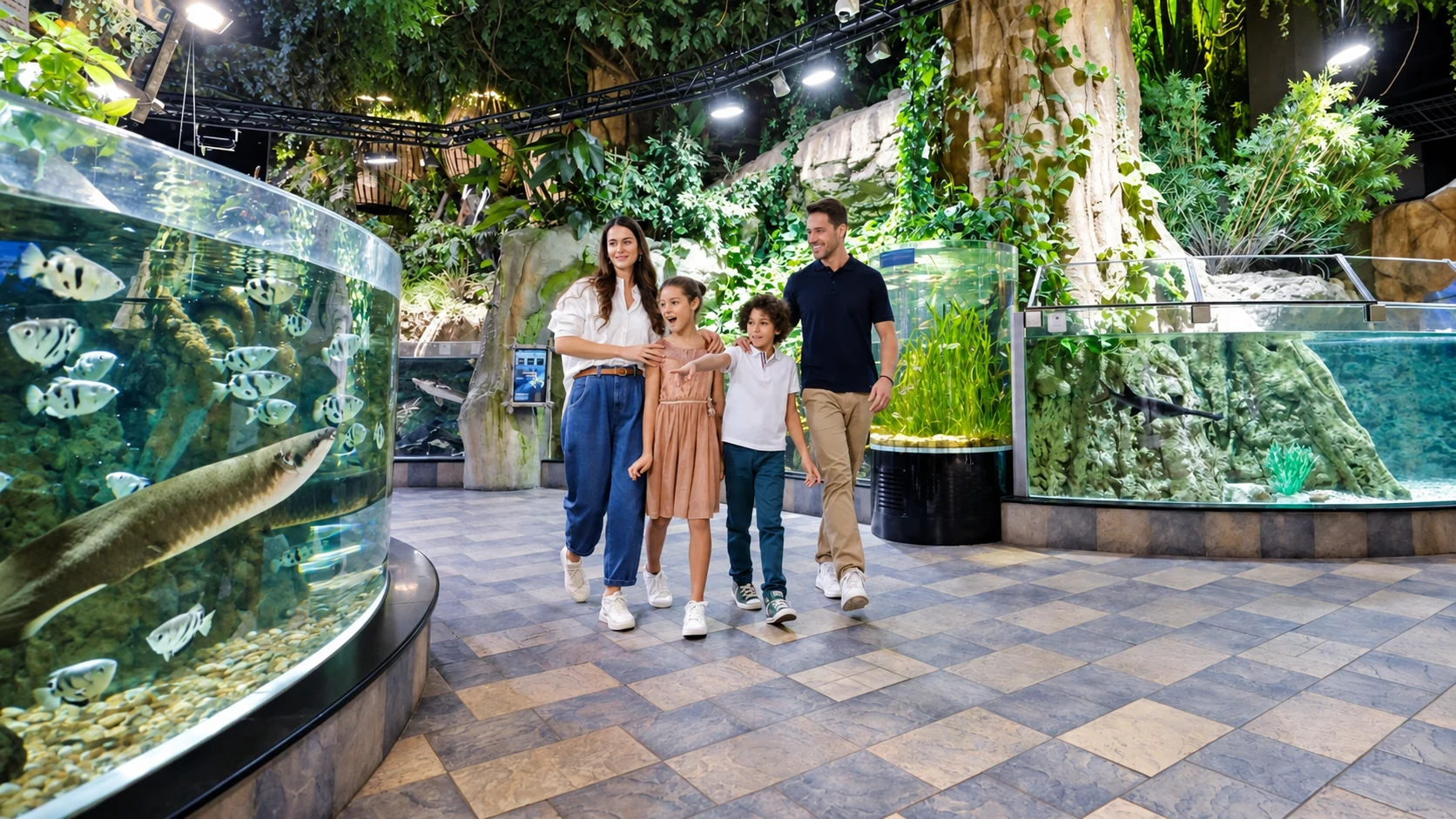 Семья рассматривает рыб в круглых аквариумах Underwater Zoo в Dubai Mall