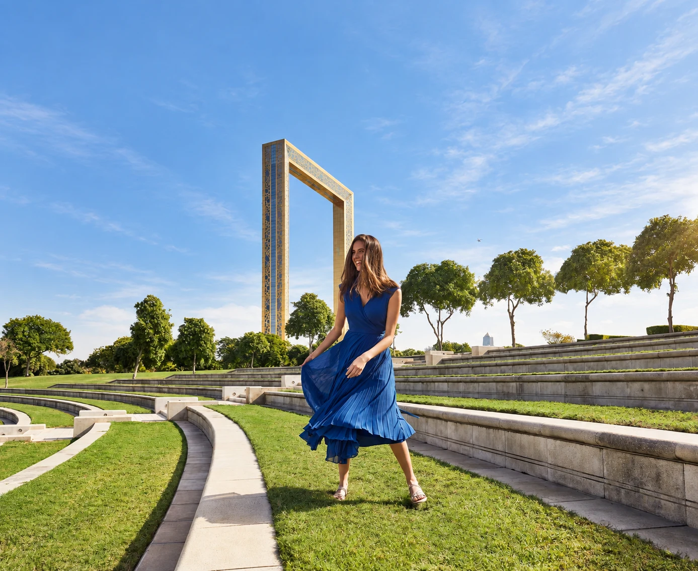Dubai Frame над зелёными террасами парка; посетительница в синем платье на переднем плане