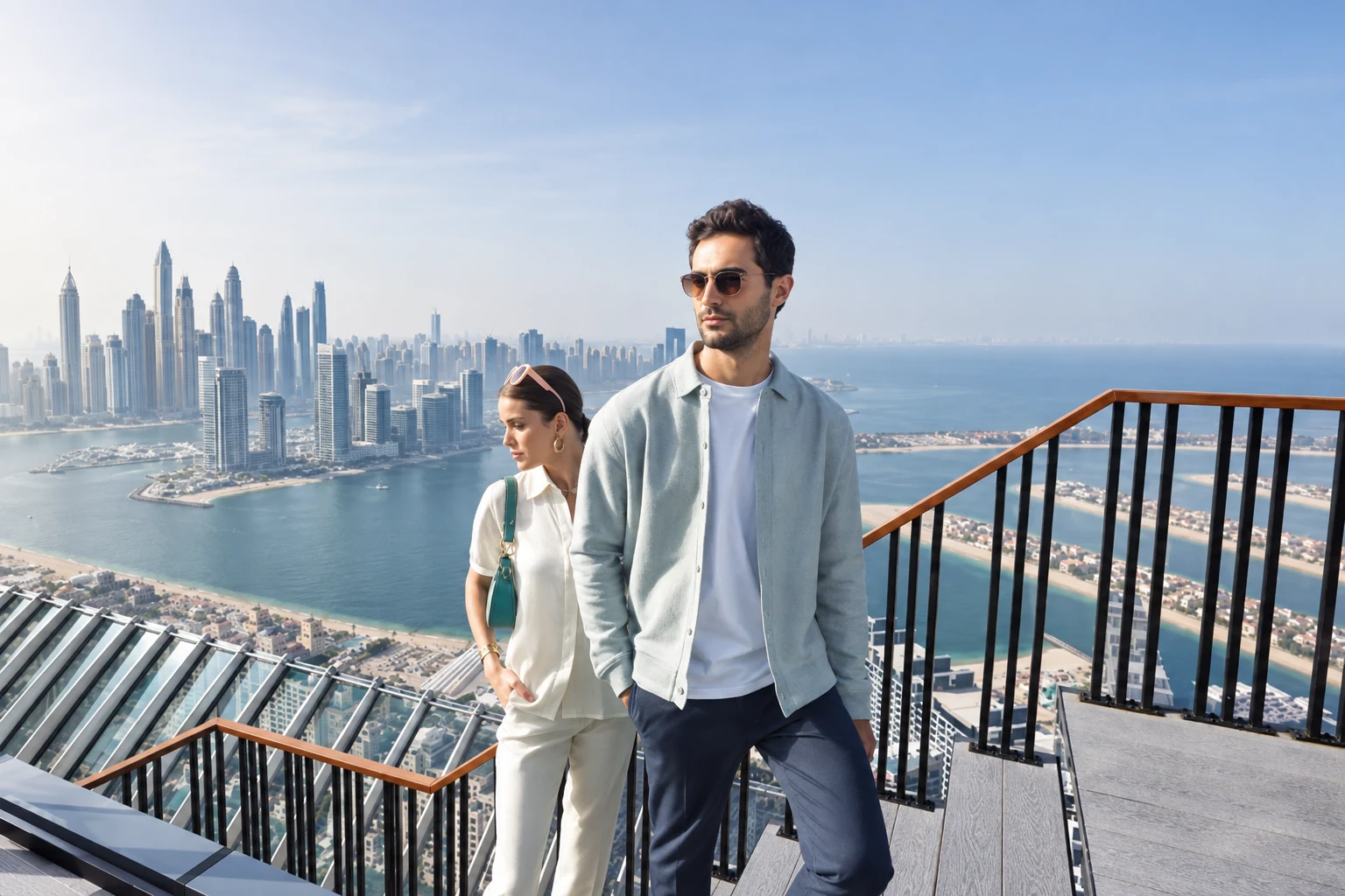 Пара на лестнице The Next Level на фоне морской воды и башен Dubai Marina